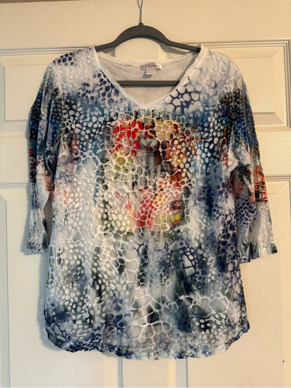 V-Neck Printed Tunic Top in Blue, White & Multicolor